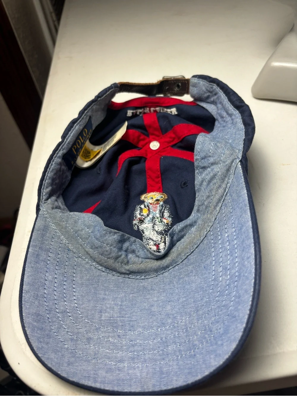Polo Ralph Lauren Navy Blue Polo Bear Cotton Twill Hat Leather Strap Adjustable